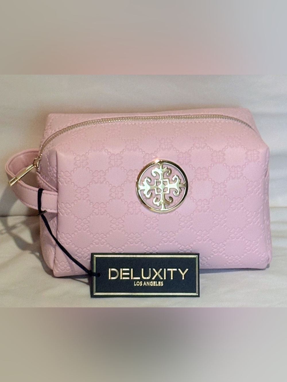 Deluxity Pink Women’s Quilted Cosmetic Bag w/ Gold Emblem